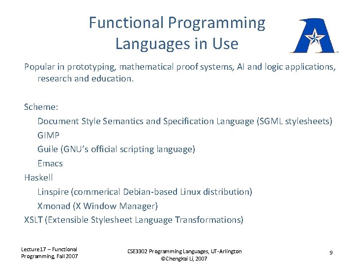 CSE 3302 Programming Languages Functional Programming Language Introduction