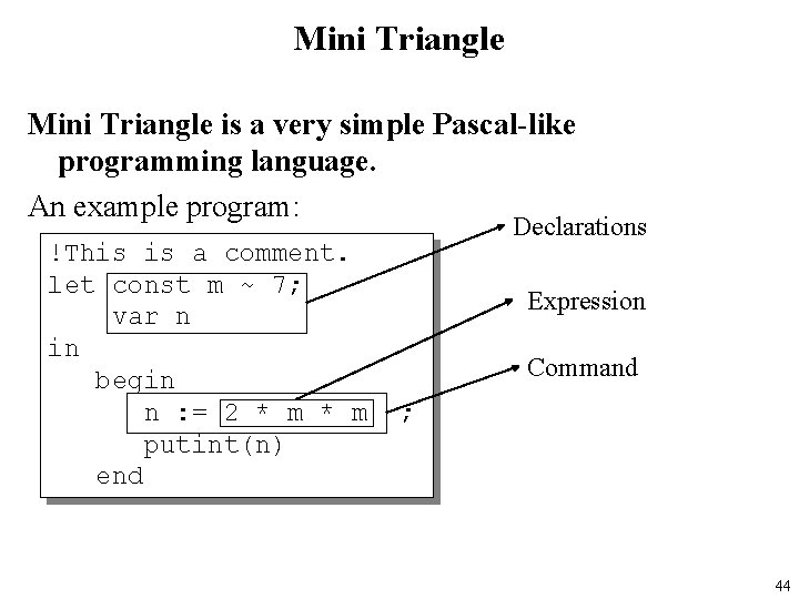 Mini Triangle is a very simple Pascal-like programming language. An example program: !This is