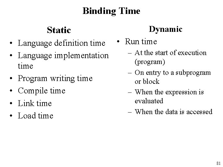 Binding Time Static • Language definition time • Language implementation time • Program writing