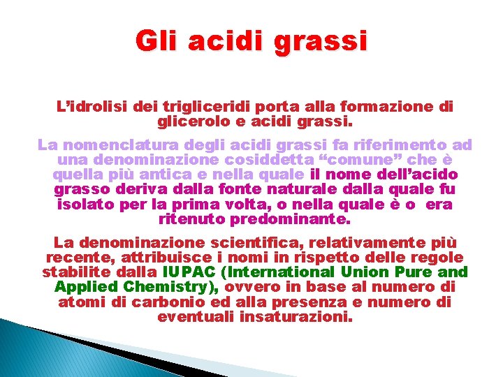 Gli acidi grassi L’idrolisi dei trigliceridi porta alla formazione di glicerolo e acidi grassi.