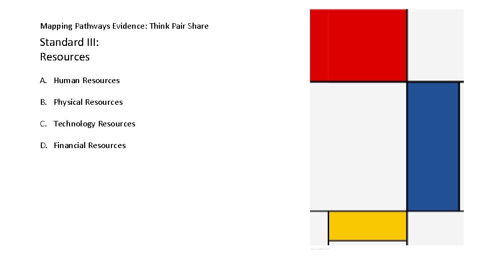 Mapping Pathways Evidence: Think Pair Share Standard III: Resources A. Human Resources B. Physical