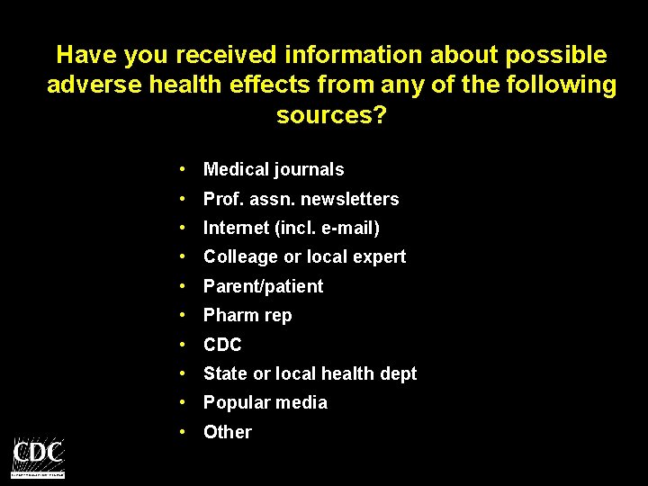 Have you received information about possible adverse health effects from any of the following
