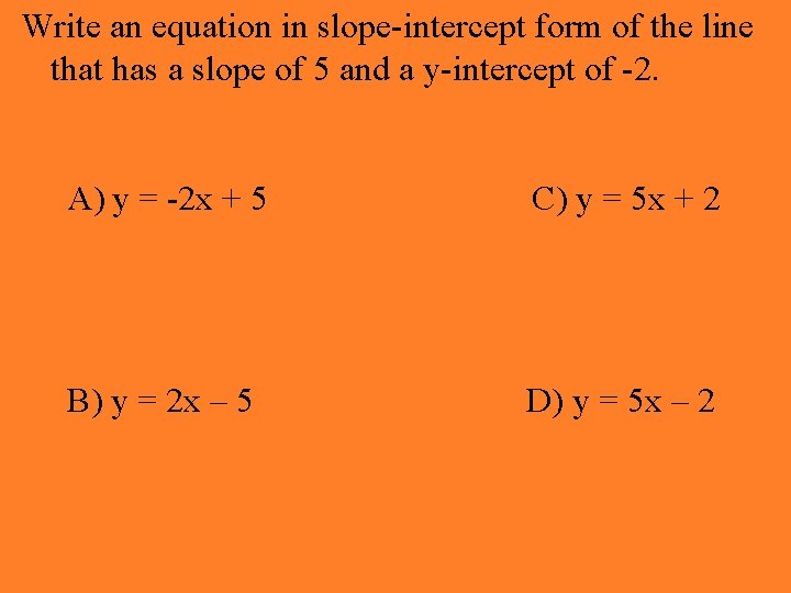 Write an equation in slope-intercept form of the line that has a slope of