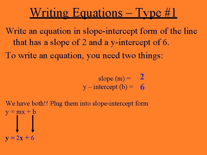 Writing Equations – Type #1 Write an equation in slope-intercept form of the line