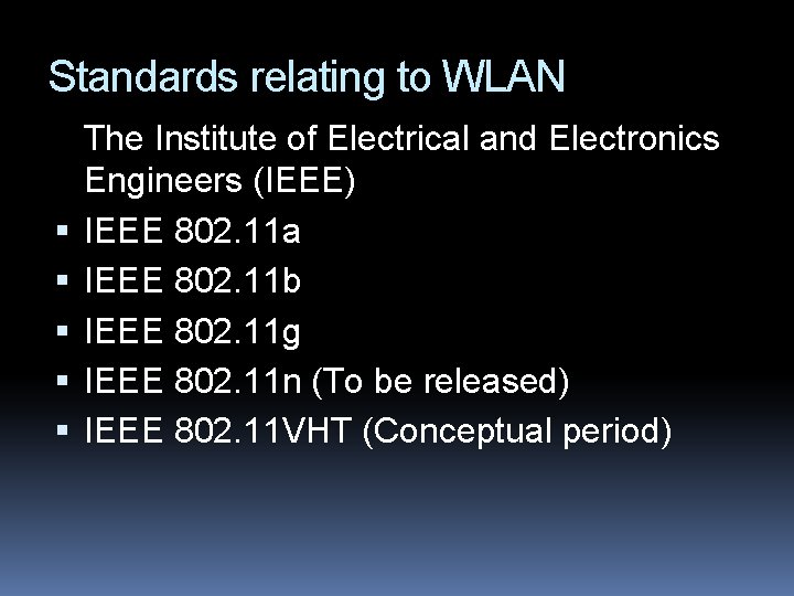 Standards relating to WLAN The Institute of Electrical and Electronics Engineers (IEEE) IEEE 802.