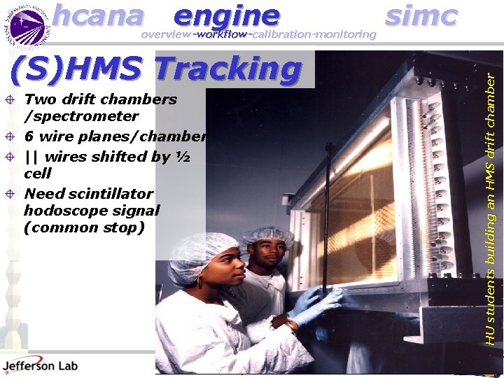 overview-workflow-calibration-monitoring (S)HMS Tracking Two drift chambers /spectrometer 6 wire planes/chamber || wires shifted by