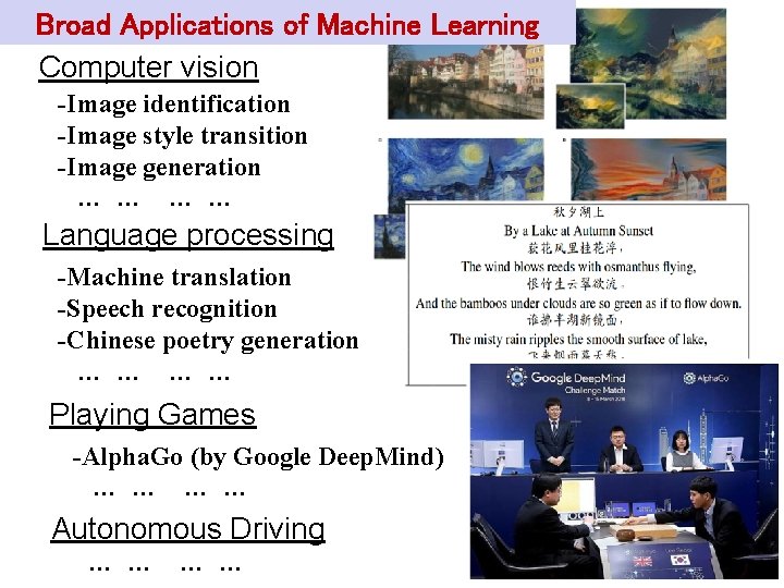 Broad Applications of Machine Learning Computer vision -Image identification -Image style transition -Image generation