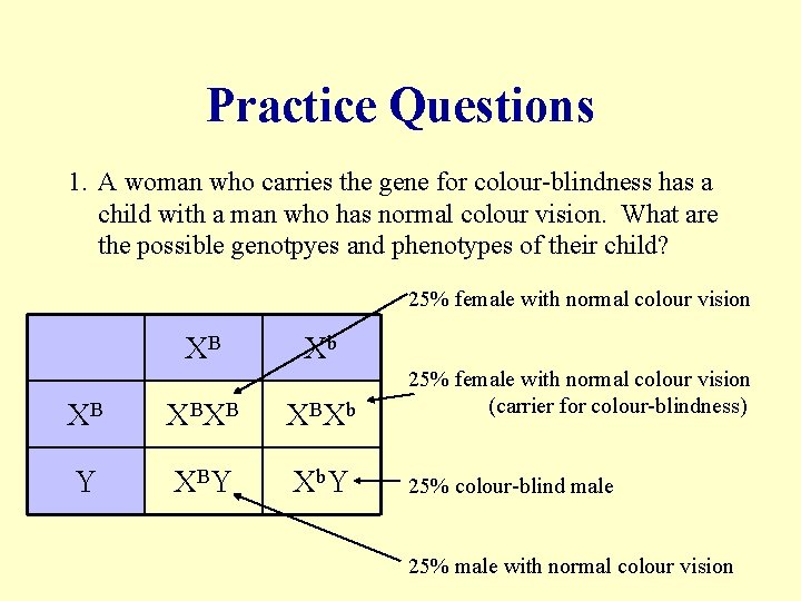 Practice Questions 1. A woman who carries the gene for colour-blindness has a child