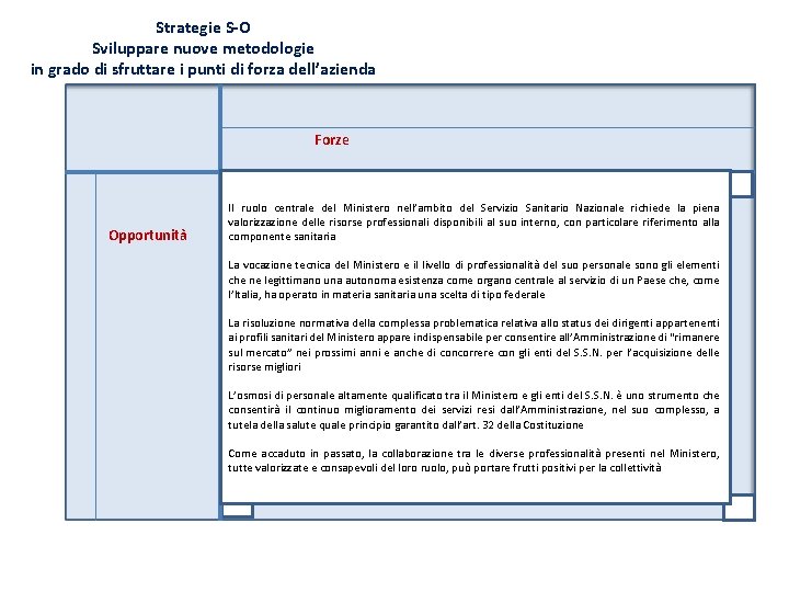 Strategie S-O Sviluppare nuove metodologie in grado di sfruttare i punti di forza dell’azienda