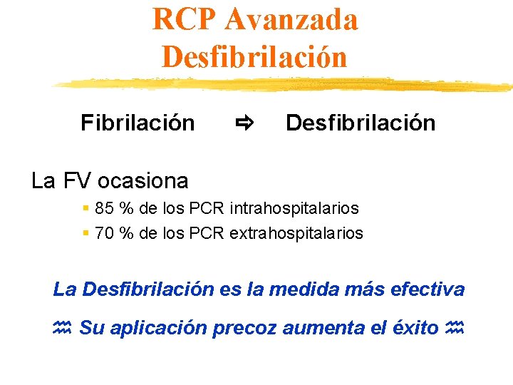 RCP Avanzada Desfibrilación Fibrilación Desfibrilación La FV ocasiona § 85 % de los PCR