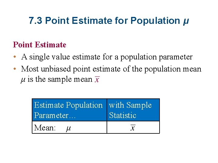 7. 3 Point Estimate for Population μ Point Estimate • A single value estimate