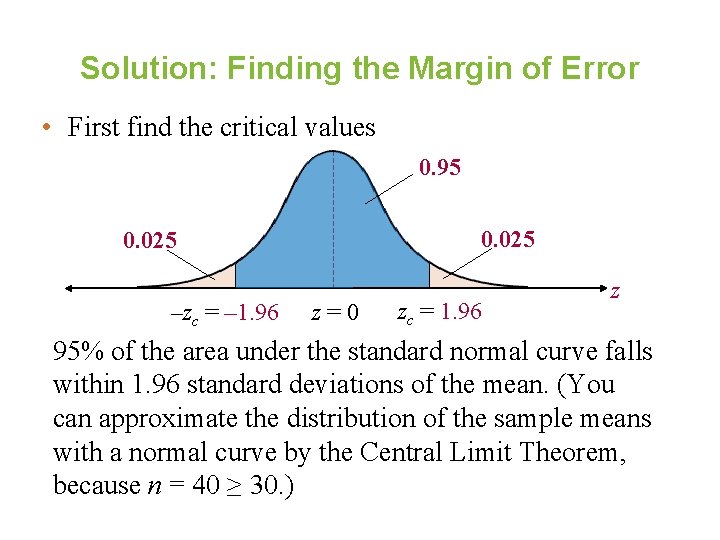 Solution: Finding the Margin of Error • First find the critical values 0. 95