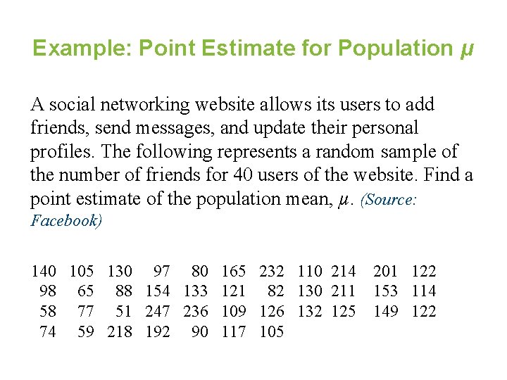 Example: Point Estimate for Population μ A social networking website allows its users to