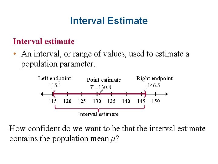 Interval Estimate Interval estimate • An interval, or range of values, used to estimate