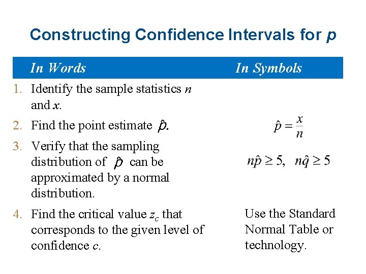Constructing Confidence Intervals for p In Words In Symbols 1. Identify the sample statistics