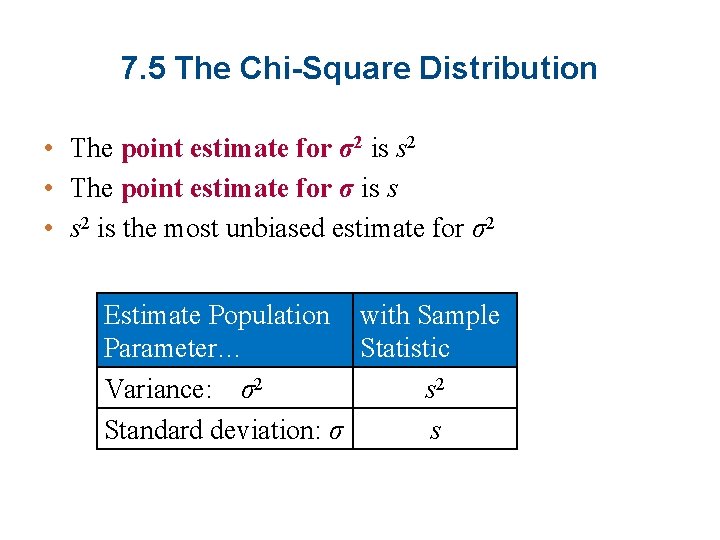 7. 5 The Chi-Square Distribution • The point estimate for σ2 is s 2