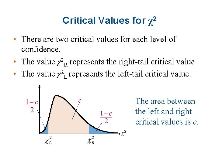 Critical Values for χ2 • There are two critical values for each level of