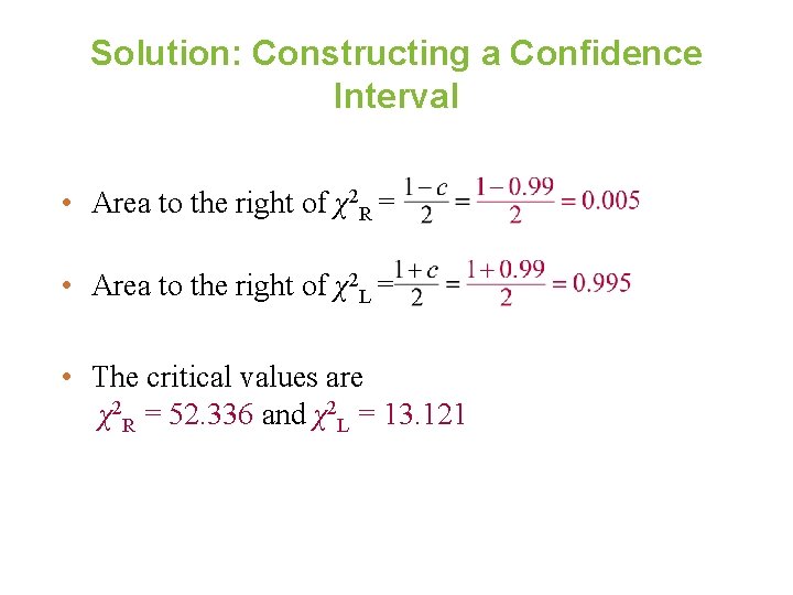 Solution: Constructing a Confidence Interval • Area to the right of χ2 R =