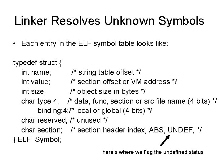 Linker Resolves Unknown Symbols • Each entry in the ELF symbol table looks like: Linker Resolves Unknown Symbols • Each entry in the ELF symbol table looks like: