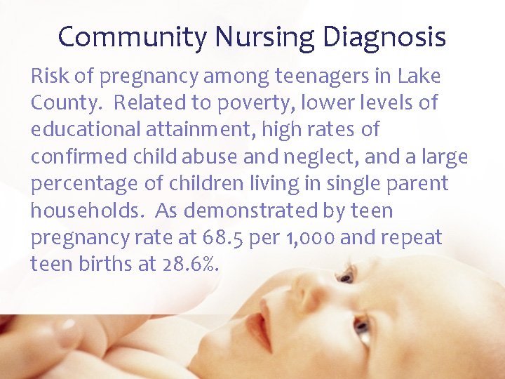 Community Nursing Diagnosis Risk of pregnancy among teenagers in Lake County. Related to poverty,