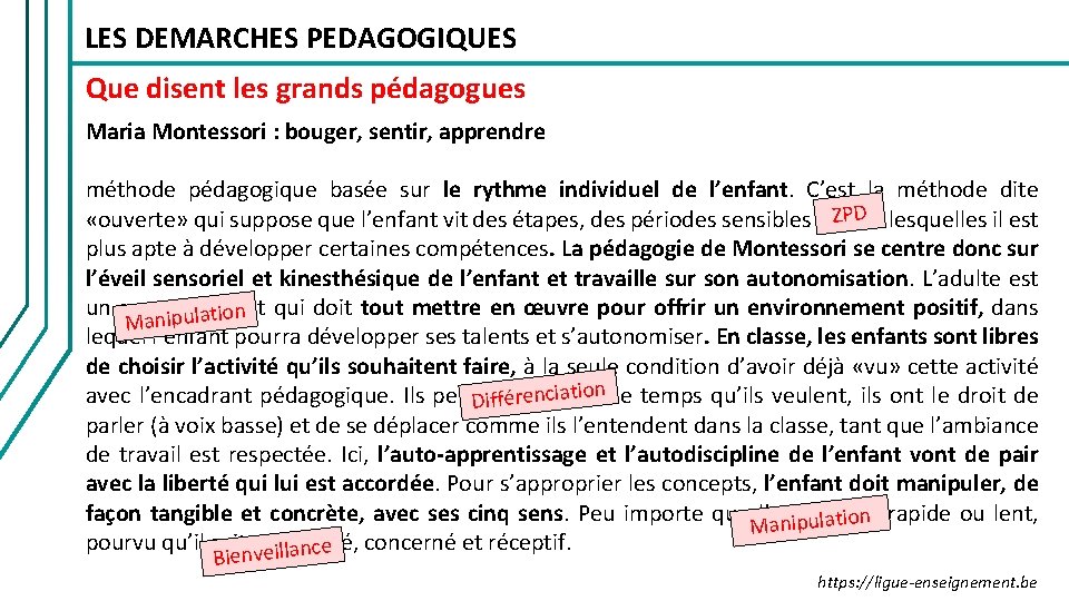 LES DEMARCHES PEDAGOGIQUES Que disent les grands pédagogues Maria Montessori : bouger, sentir, apprendre