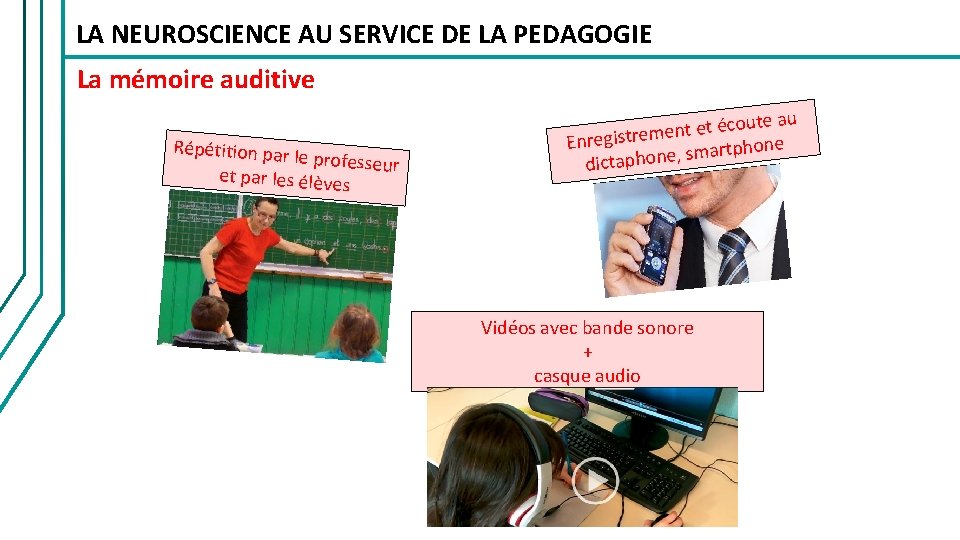 LA NEUROSCIENCE AU SERVICE DE LA PEDAGOGIE La mémoire auditive Répétition par le professeur