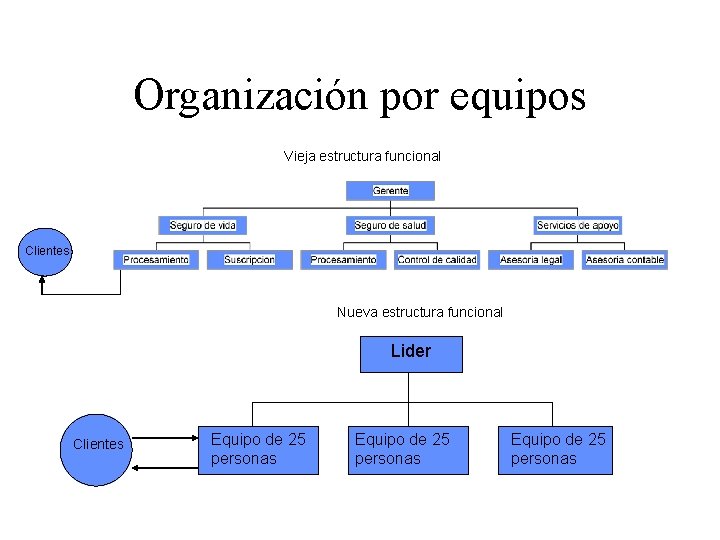 Organización por equipos Vieja estructura funcional Clientes Nueva estructura funcional Lider Clientes Equipo de