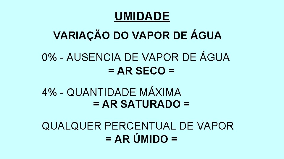 UMIDADE VARIAÇÃO DO VAPOR DE ÁGUA 0% - AUSENCIA DE VAPOR DE ÁGUA =