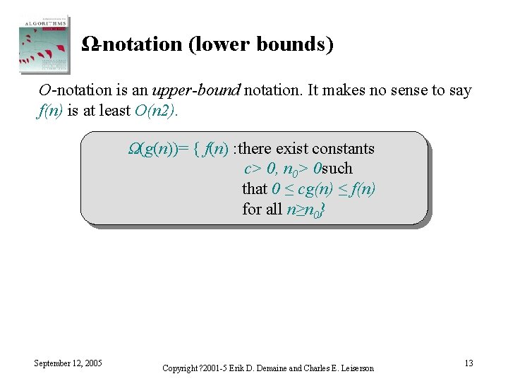 Ω-notation (lower bounds) O-notation is an upper-bound notation. It makes no sense to say