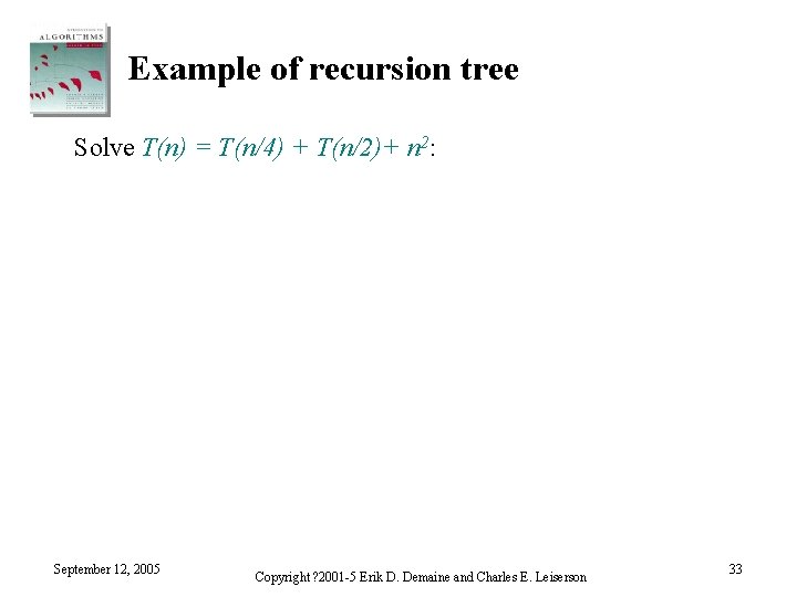 Example of recursion tree Solve T(n) = T(n/4) + T(n/2)+ n 2: September 12,