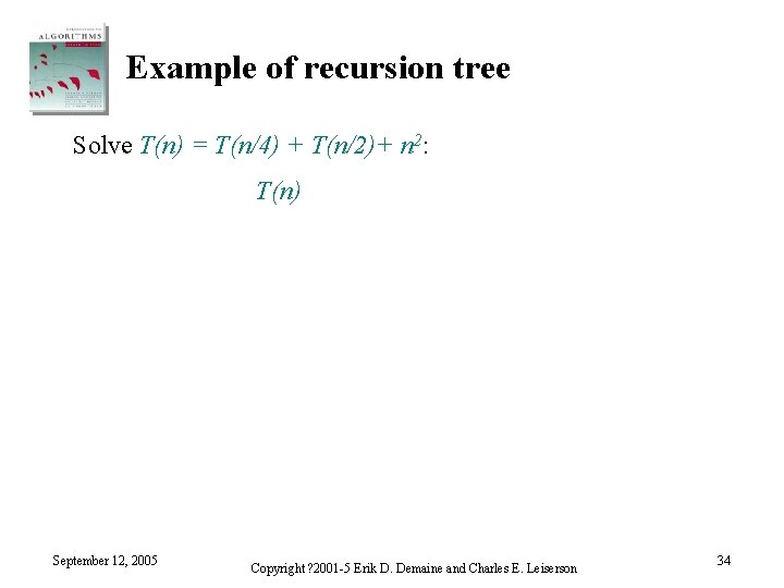 Example of recursion tree Solve T(n) = T(n/4) + T(n/2)+ n 2: T(n) September