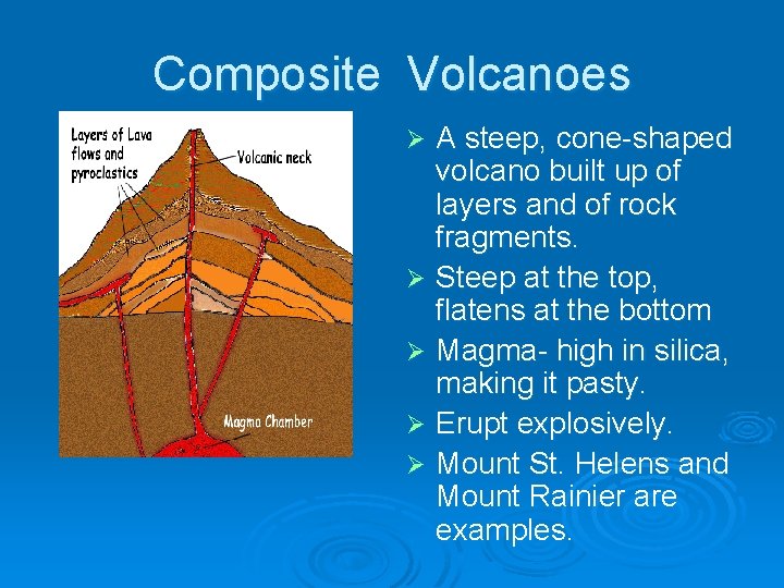 Composite Volcanoes A steep, cone-shaped volcano built up of layers and of rock fragments.