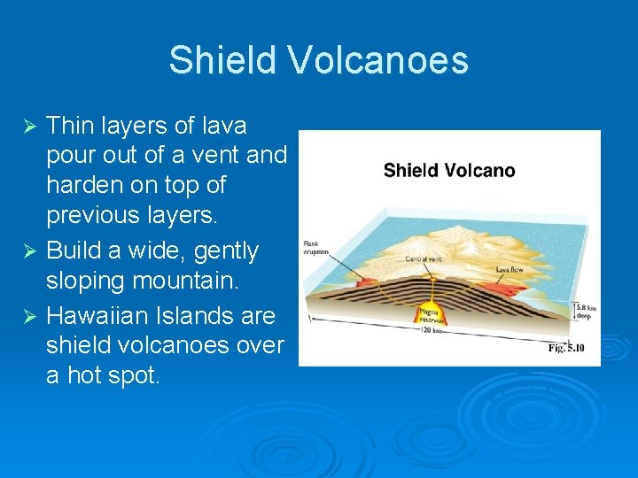 Shield Volcanoes Thin layers of lava pour out of a vent and harden on