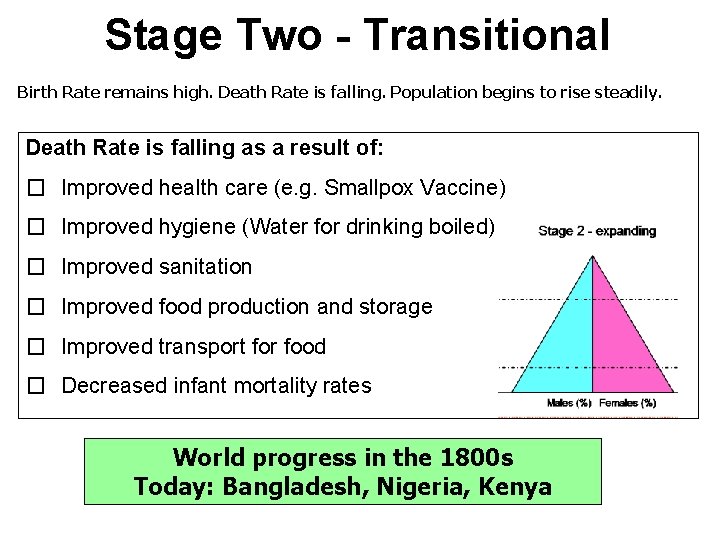 Stage Two - Transitional Birth Rate remains high. Death Rate is falling. Population begins