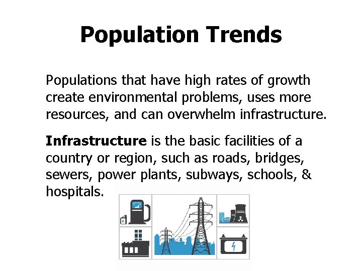 Population Trends Populations that have high rates of growth create environmental problems, uses more