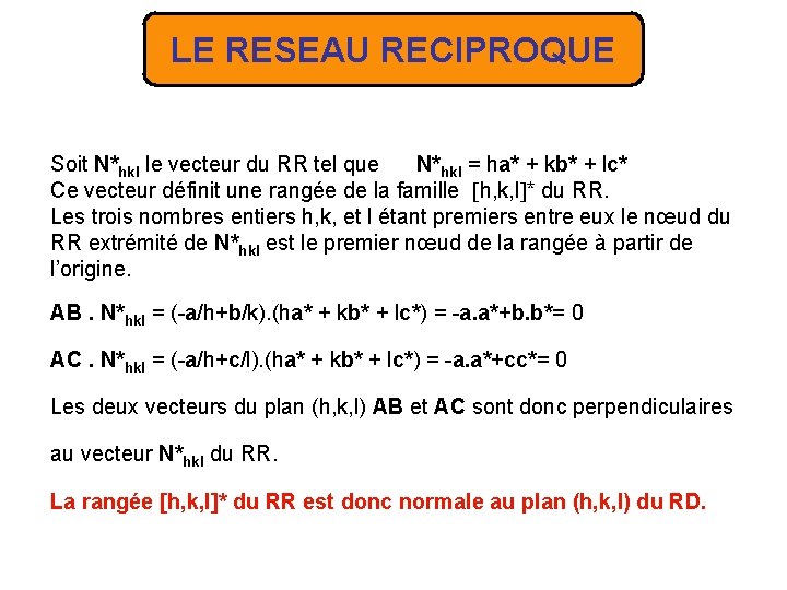 LE RESEAU RECIPROQUE Soit N*hkl le vecteur du RR tel que N*hkl = ha*