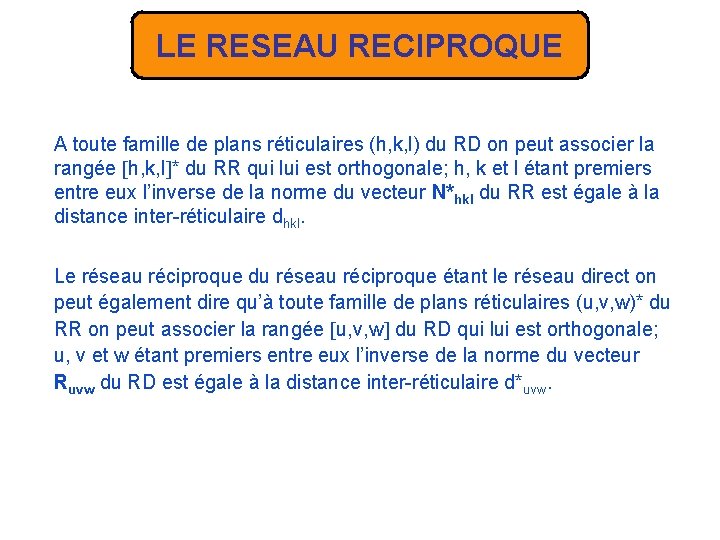 LE RESEAU RECIPROQUE A toute famille de plans réticulaires (h, k, l) du RD