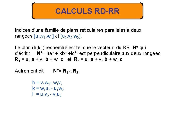 CALCULS RD-RR Indices d’une famille de plans réticulaires parallèles à deux rangées u 1,