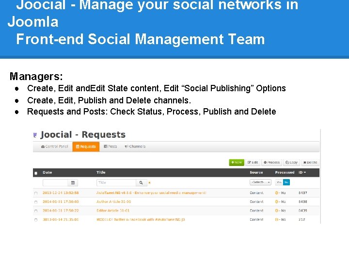 Joocial - Manage your social networks in Joomla Front-end Social Management Team Managers: ●