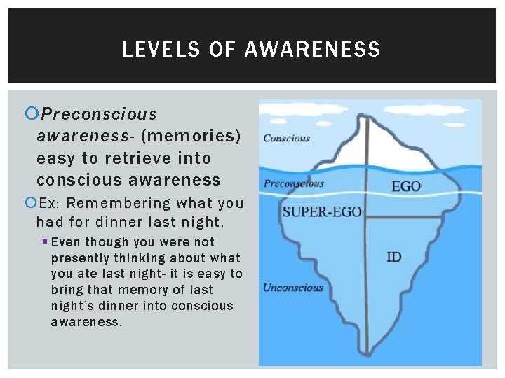 LEVELS OF AWARENESS Preconscious awareness- (memories) easy to retrieve into conscious awareness Ex: Remembering