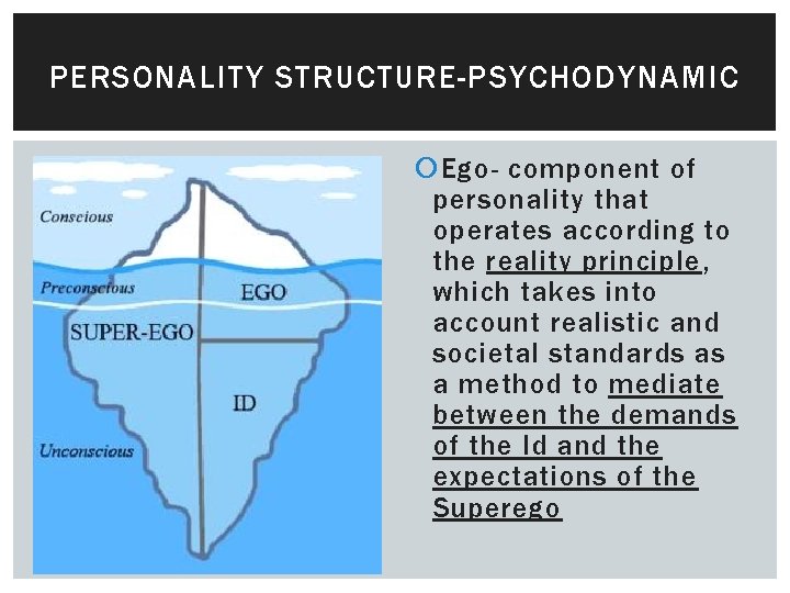 PERSONALITY STRUCTURE-PSYCHODYNAMIC Id- component of personality that operates according to the pleasure principle, which