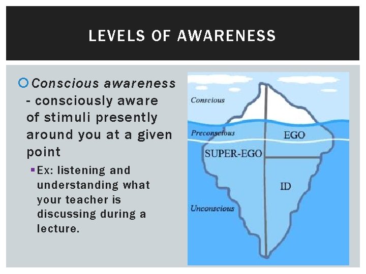 LEVELS OF AWARENESS Conscious awareness - consciously aware of stimuli presently around you at