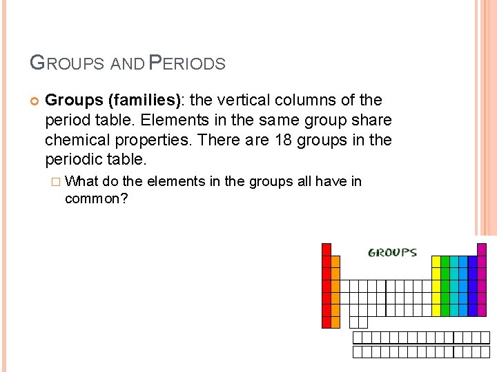 GROUPS AND PERIODS Groups (families): the vertical columns of the period table. Elements in