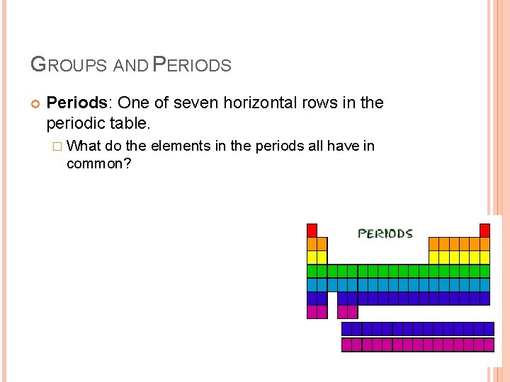 GROUPS AND PERIODS Periods: One of seven horizontal rows in the periodic table. �