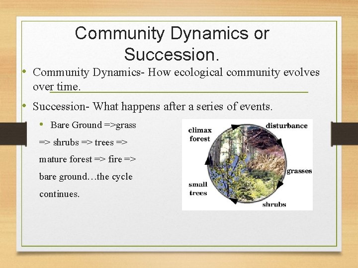 Community Dynamics or Succession. • Community Dynamics- How ecological community evolves over time. •