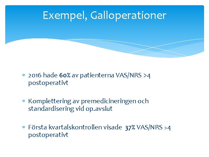 Exempel, Galloperationer 2016 hade 60% av patienterna VAS/NRS >4 postoperativt Komplettering av premedicineringen och