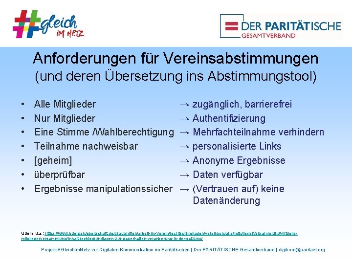 Anforderungen für Vereinsabstimmungen (und deren Übersetzung ins Abstimmungstool) • • Alle Mitglieder Nur Mitglieder