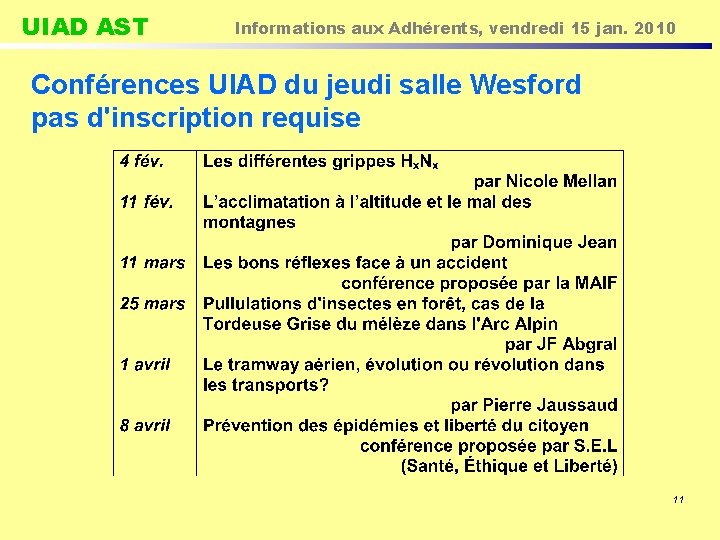 UIAD AST Informations aux Adhérents, vendredi 15 jan. 2010 Conférences UIAD du jeudi salle