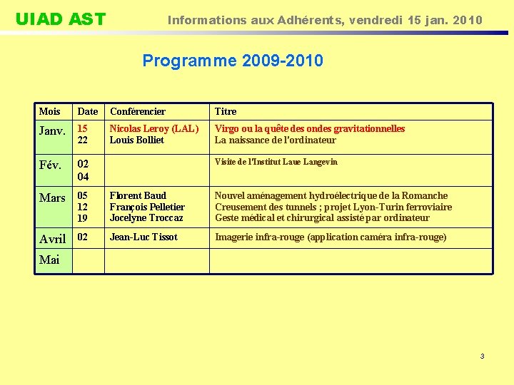 UIAD AST Informations aux Adhérents, vendredi 15 jan. 2010 Programme 2009 -2010 Mois Date