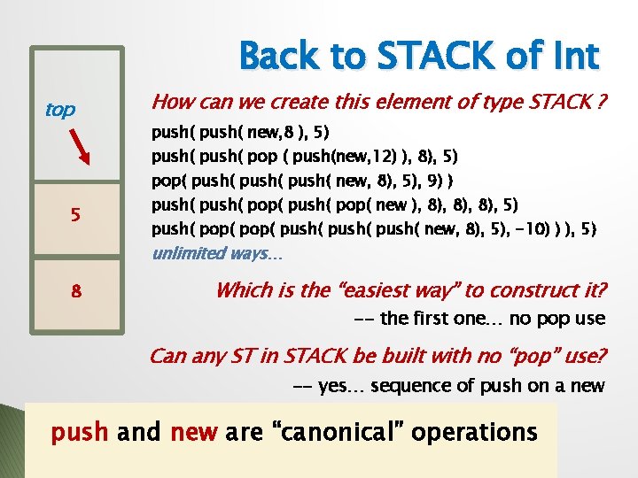 Back to STACK of Int top How can we create this element of type